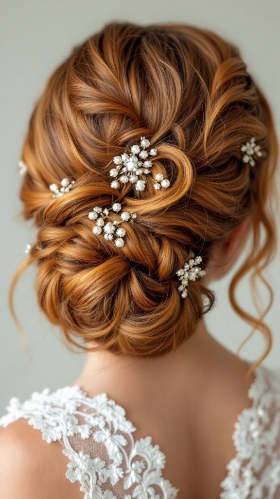 Vintage-inspired updo with turmeric hues and delicate hair accessories