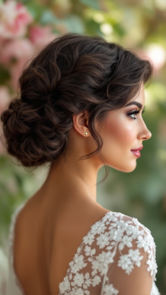 A woman with short hair styled in vintage finger waves, showcasing an elegant updo perfect for a wedding.