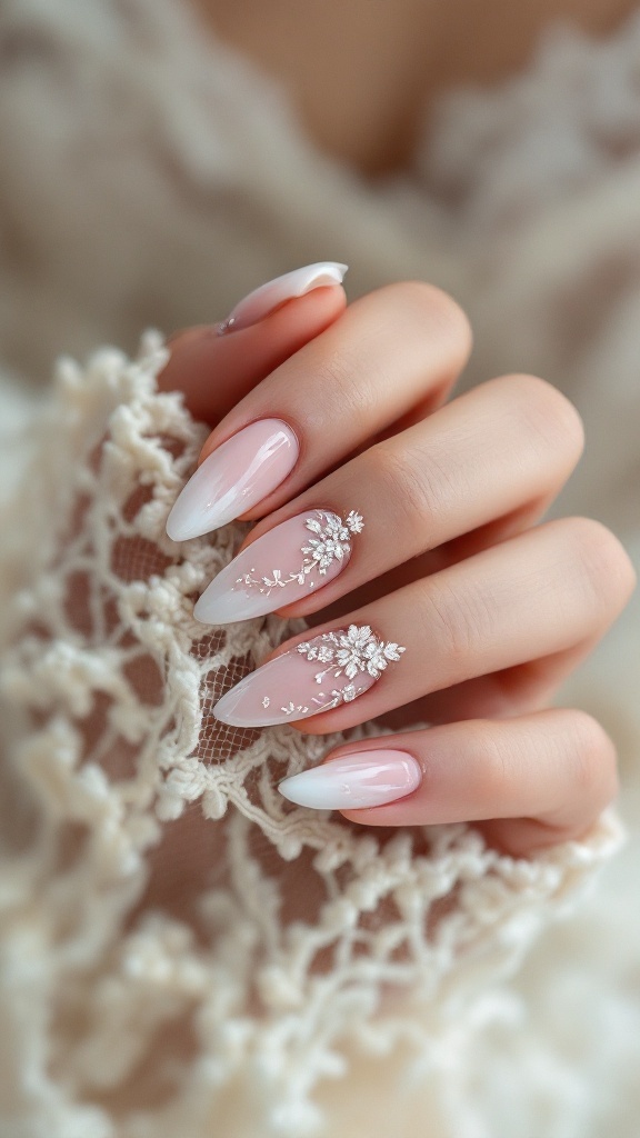 Bridal nails featuring a vintage floral design with rhinestones, showcasing a romantic color palette.