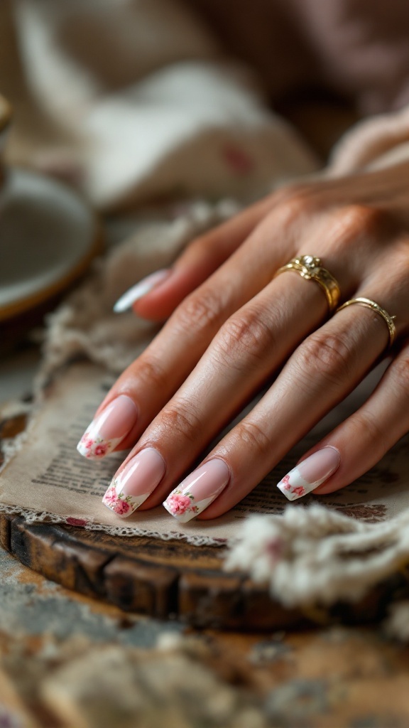 Close-up of a hand with a vintage French manicure featuring floral designs, resting on an antique book.