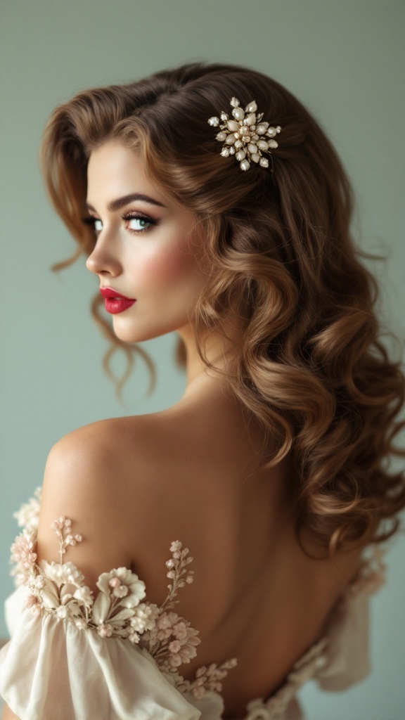 A woman with medium-length hair styled in soft curls, adorned with a floral hair accessory, showcasing a vintage glamour look.