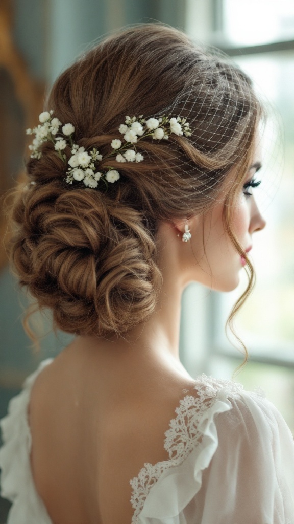 A vintage half-up hairstyle featuring soft waves, a birdcage veil, and white floral accents.