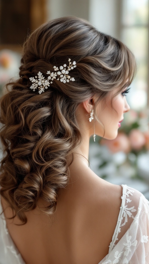 A woman with half up half down vintage curls, adorned with floral hair accessories.