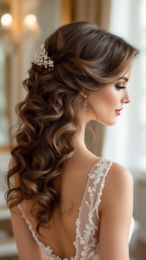 A bride with vintage Hollywood waves hairstyle, featuring soft curls and a delicate hairpiece.