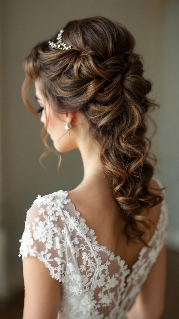 A close-up of a woman's hair styled in vintage finger waves, adorned with a tiara.