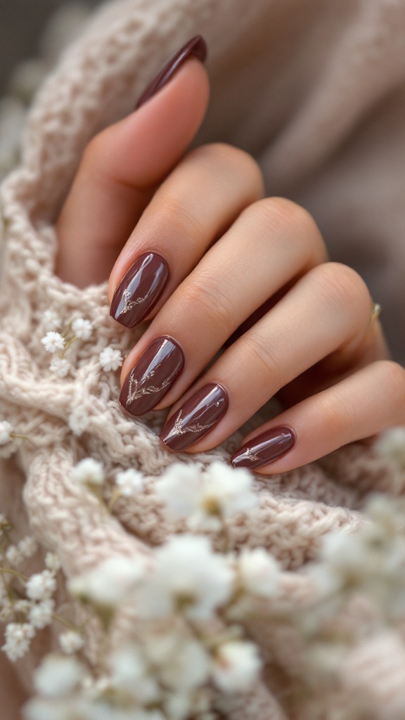 Close-up of a hand with vintage inspired jewel tone nails, featuring a deep brown color and floral accents