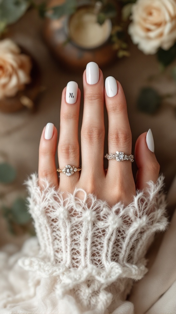 A woman's hand with vintage inspired white nails featuring an initial, adorned with elegant rings on a soft pastel background