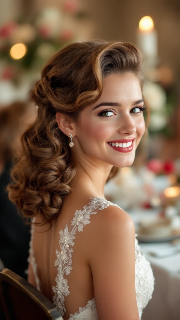 A smiling young woman with vintage pin-up curls wearing a beautiful wedding dress.