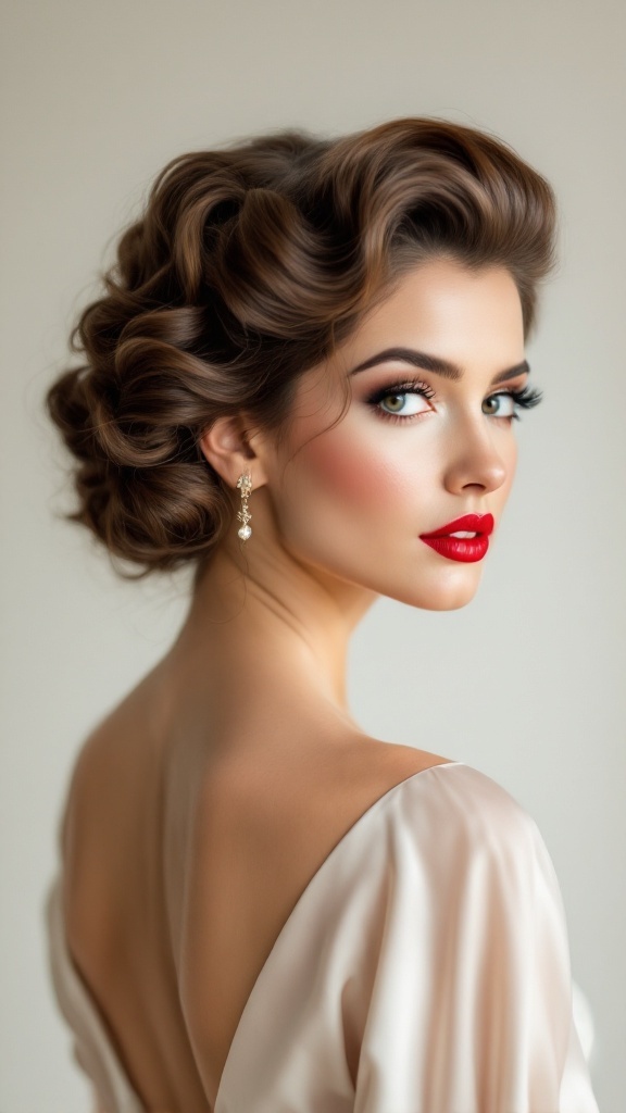 A model with vintage pin-up curls, showcasing a beautiful updo with soft curls and deep red lipstick.