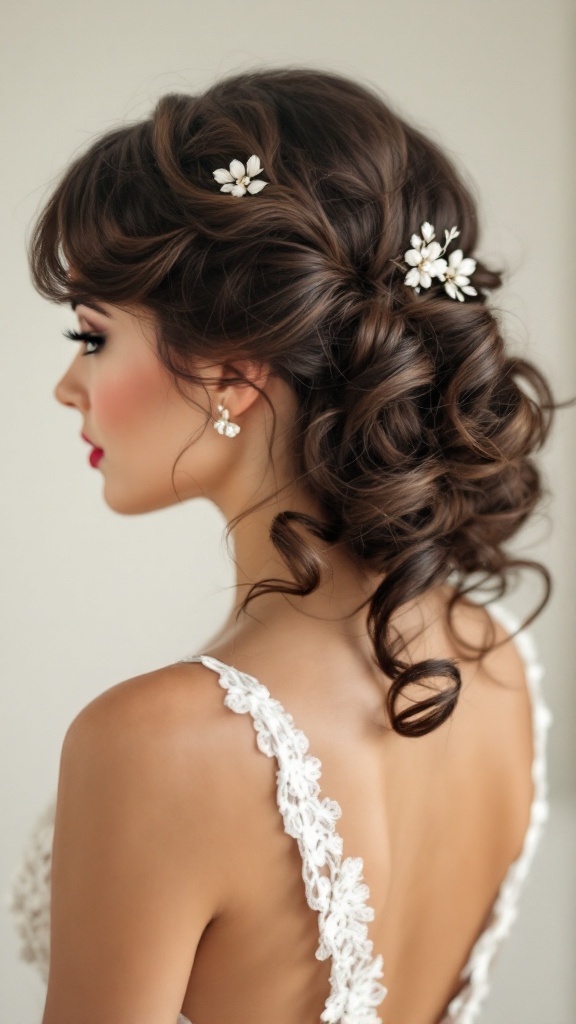 A bride with vintage pin-up curls adorned with floral accessories.