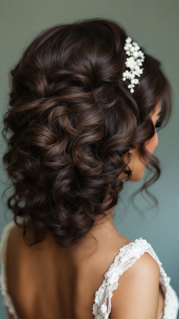 A bride with vintage pin-up curls styled elegantly with a floral hairpiece.