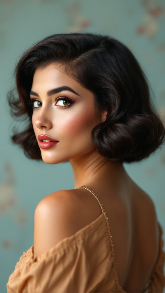 A woman with short hair styled in a vintage pin-up twist, showcasing a half-up, half-down look with soft waves.