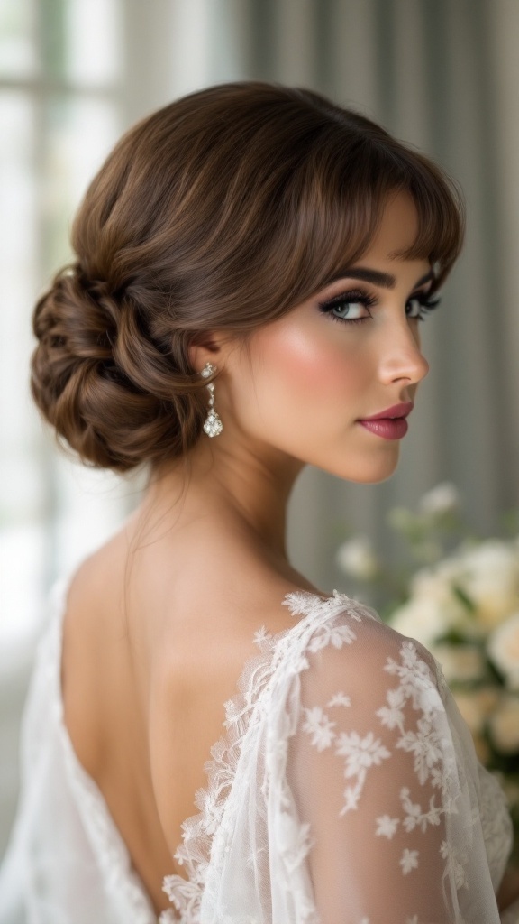 A bride's maid with a vintage roll hairstyle and retro bangs, showcasing a classic look with soft waves and elegant accessories.