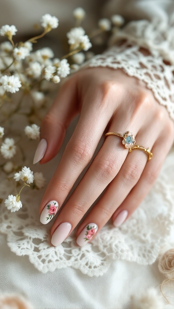 A hand with vintage rose nail designs, featuring soft pink and floral patterns, adorned with a gold ring.