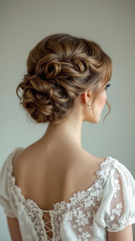 A woman with a Vintage Victory Roll hairstyle, showcasing soft curls and elegant rolls at the nape of her neck, paired with a floral lace dress.