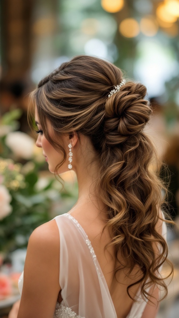A bride's maid hairstyle featuring a voluminous high ponytail with curls and hair accessories.