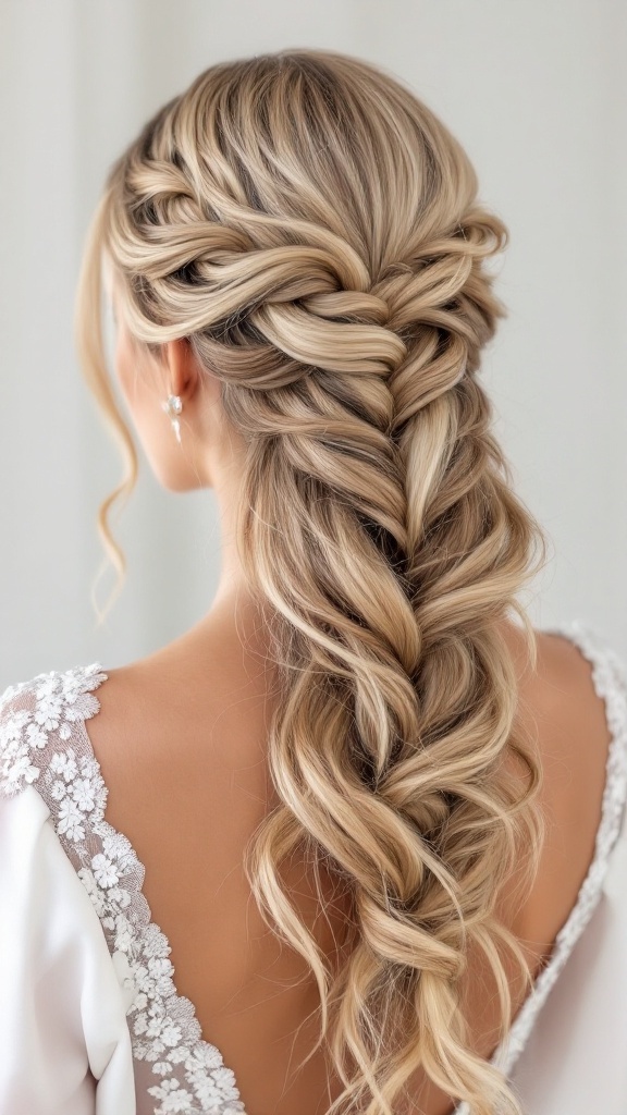 A beautiful waterfall braid with soft curls styled elegantly