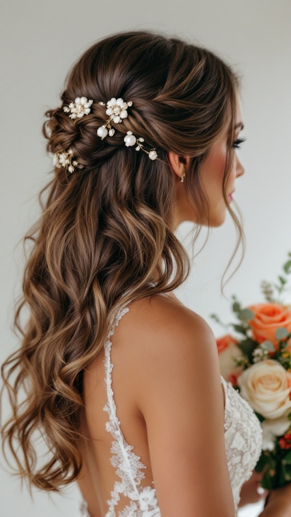 A bride's maid with wavy hair adorned with a floral and pearl hairpiece.