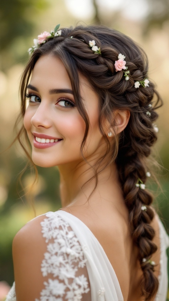 A junior bridesmaid with a whimsical braided crown hairstyle adorned with flowers.