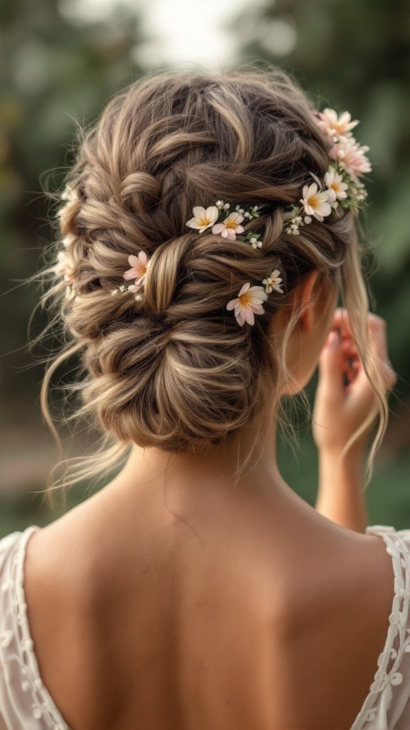 A whimsical braided crown hairstyle for short hair, adorned with delicate flowers.