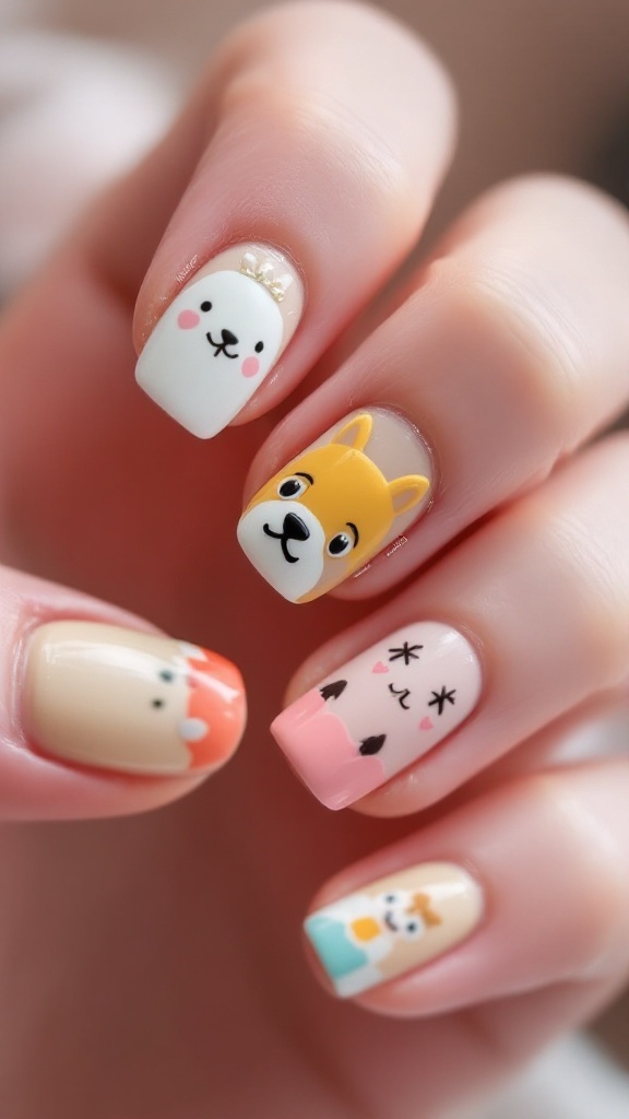 Close-up of elegantly manicured nails with whimsical characters and light pastel colors.