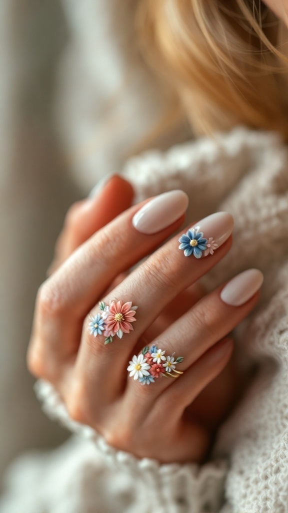 Hand with 3D floral nail art and matching rings