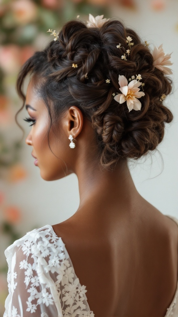 Bridesmaid hairstyle featuring whimsical hair twists and floral accents