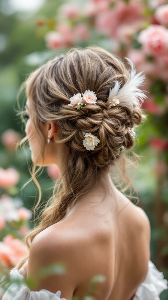 Half-up bridesmaid hairstyle featuring curls and feathery accessories