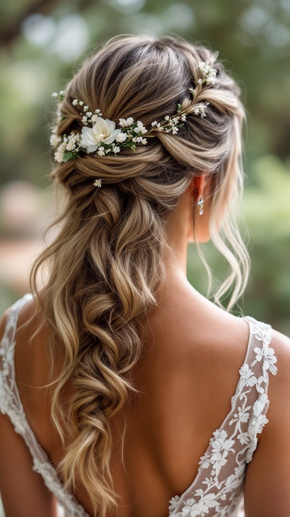 A half up half down hairstyle featuring a braid and soft curls, adorned with flowers.