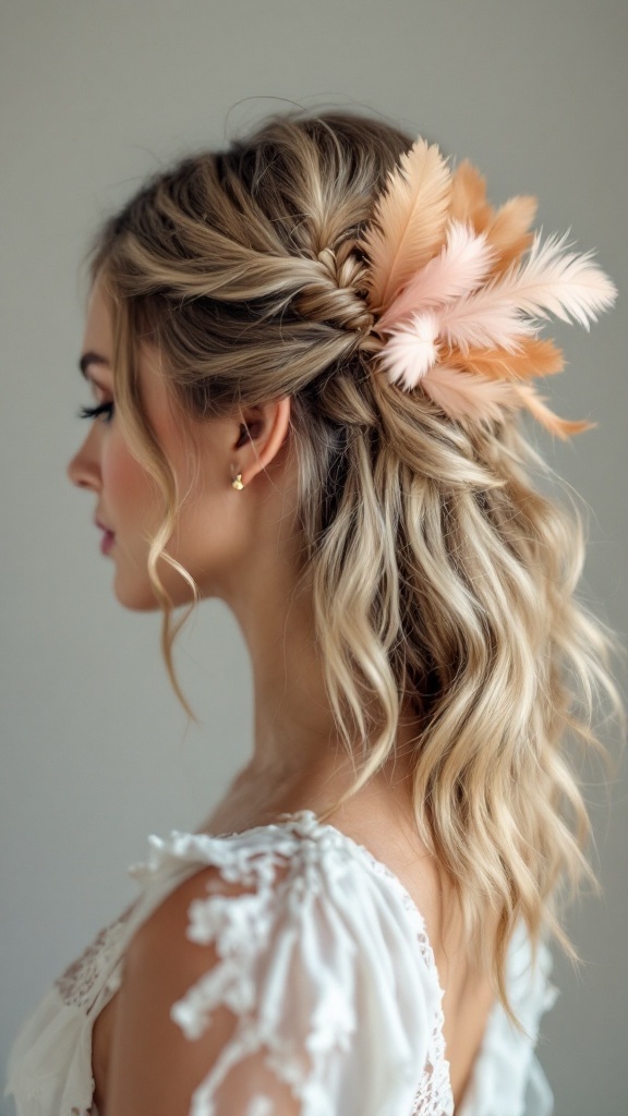 A bridesmaid with half up hairstyle featuring soft waves and peach-colored feathers tucked behind her ear.