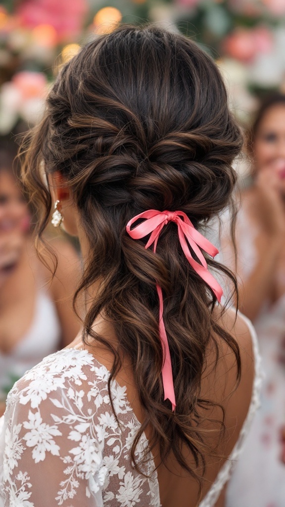 Bridesmaid hairstyle featuring loose waves with a pink ribbon bow.