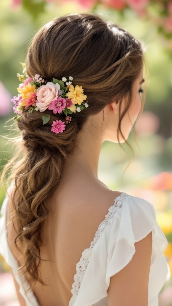 A whimsical low ponytail hairstyle with floral accents, showcasing a relaxed yet chic look perfect for bridesmaids.