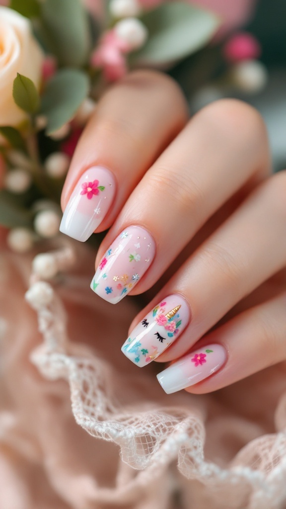 A hand with whimsical unicorn nail art featuring pink base and floral designs.