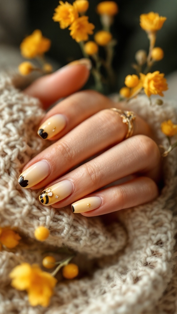 Winnie the Pooh themed wedding nails featuring honey and bees