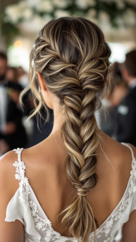 A wrapped braid ponytail hairstyle for bridesmaids with long hair, featuring a loose braid and soft strands framing the face.