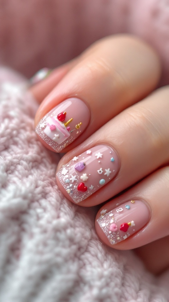A close-up of birthday-themed nails with 3D decorations including a cake, hearts, and stars on a soft pink base.
