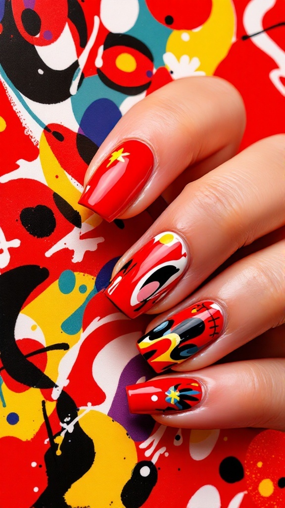 Close-up of red nails with abstract art designs in vibrant colors