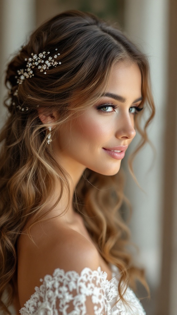 A bride with cascading curls and sparkling hairpieces.