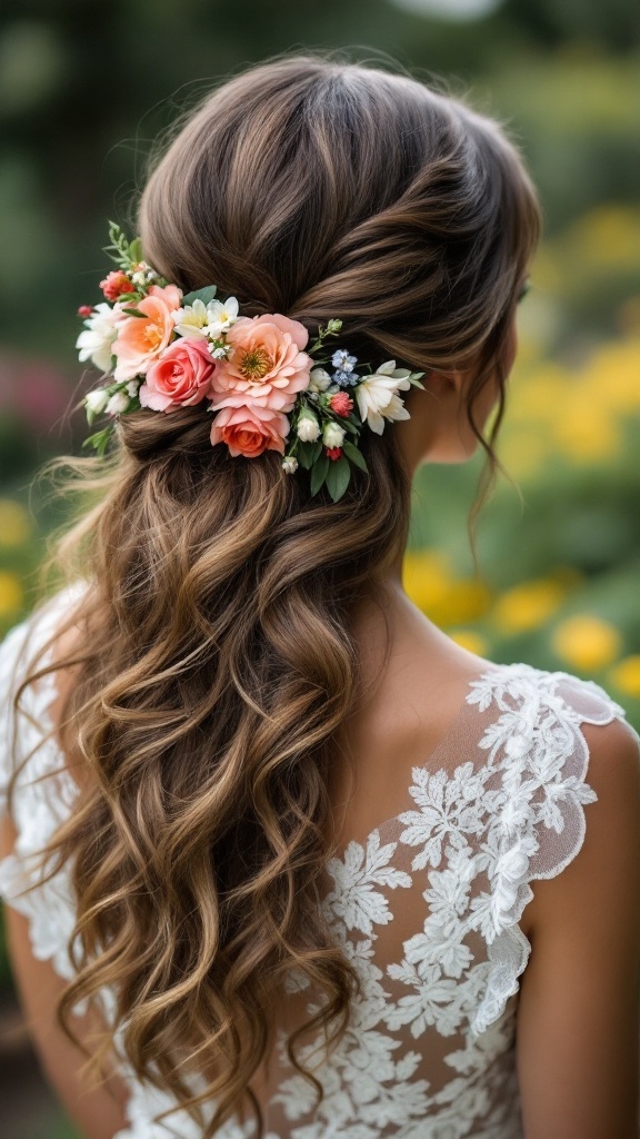 A woman with half-up half-down hair styled with floral accents, showcasing curls and delicate flowers.