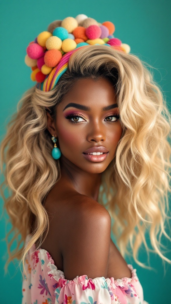 A woman with honey blonde layered hair against a teal background, wearing a colorful headband and earrings.