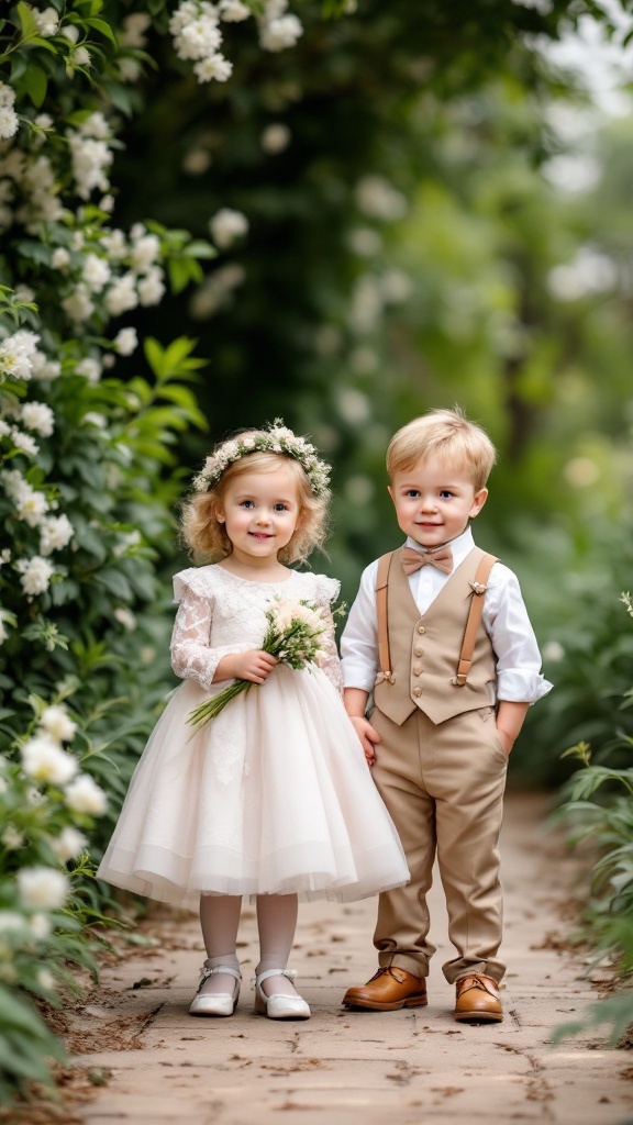 Flower girl in a cream dress with a flower crown and a ring bearer in a tan suit smiling together in a garden.