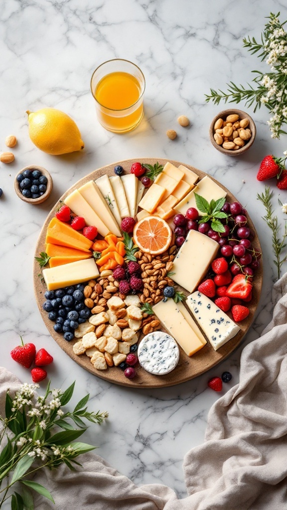 A beautifully arranged artisan cheese and charcuterie board with cheeses, fruits, nuts, and crackers on a marble table.