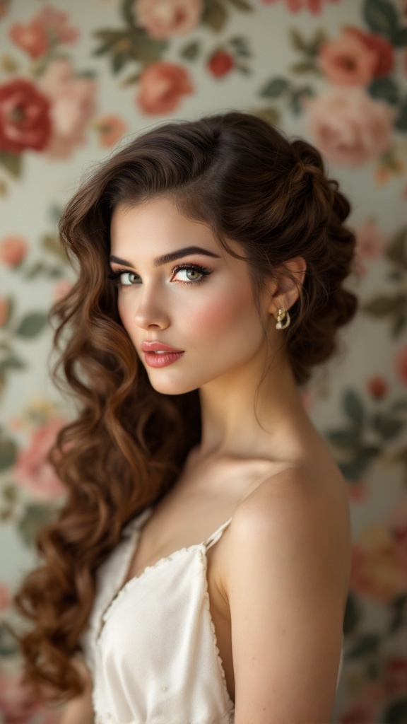 A woman with long curled hair styled in an artistic pin-up updo, wearing soft makeup against a floral background.