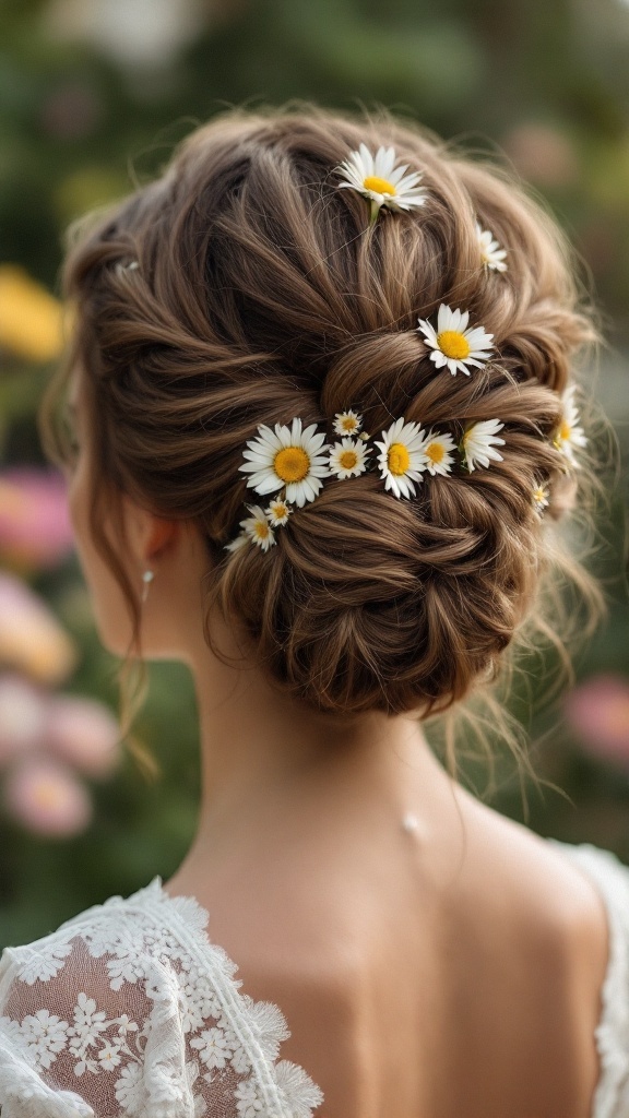 A beautiful updo hairstyle adorned with colorful daisies, showcasing a romantic and elegant look.