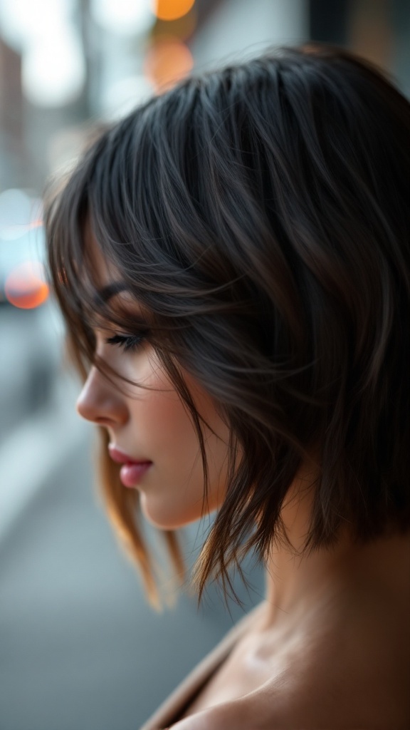 A profile view of a woman with an asymmetrical bob haircut, showcasing a longer side and a shorter side, with a soft and relaxed style.