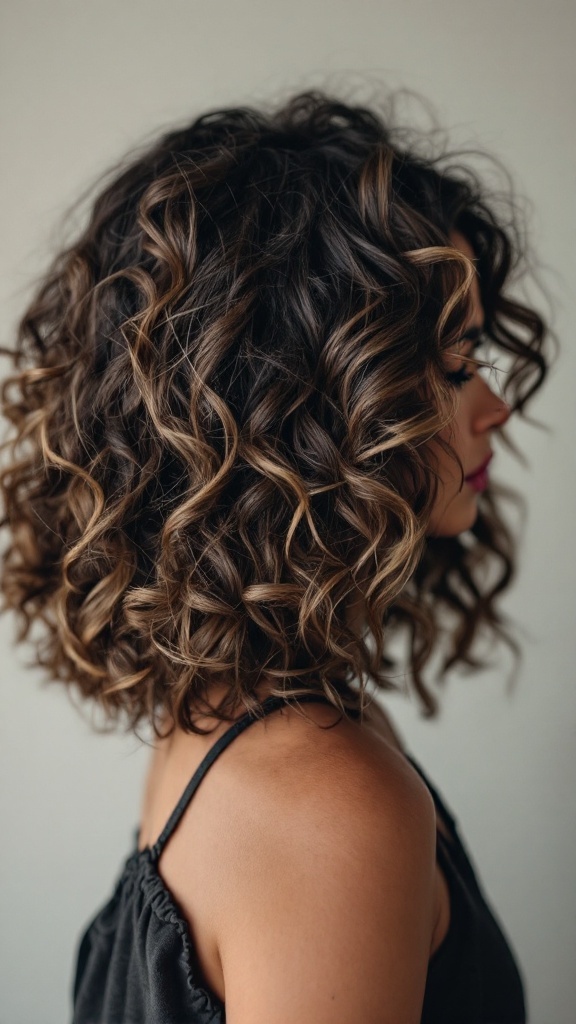 A woman with asymmetrical curly hairstyle, showcasing bouncy curls in a mix of dark and light shades.