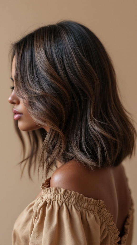 A woman with an asymmetrical long bob hairstyle, featuring soft waves and a dimensional color.