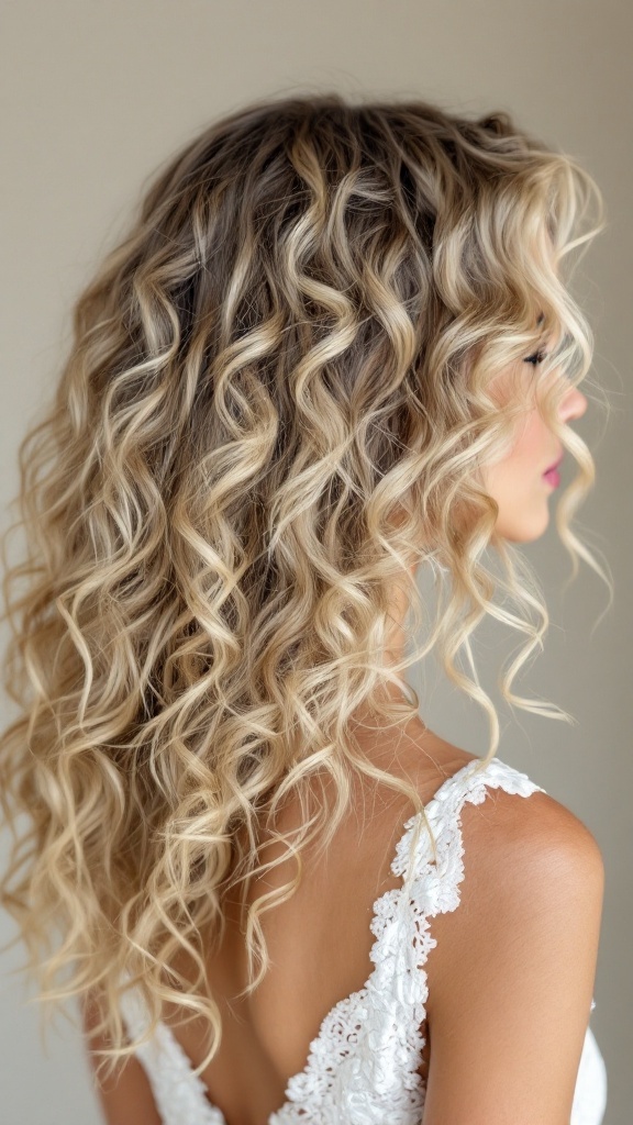 Curly hair with blonde highlights, showing a blend of natural and highlighted colors.