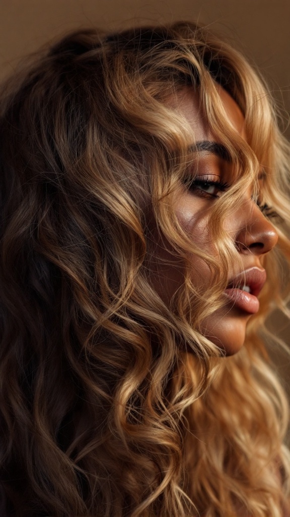 Woman with honey blonde layered hair in profile against a neutral background