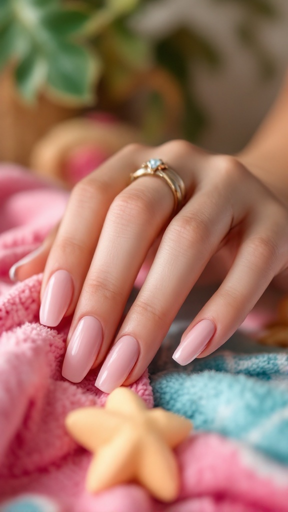 A close-up of a hand with pink nails resting on colorful towels, with a starfish nearby.